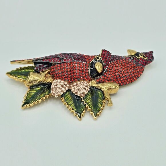 Joan Rivers Cardinal Brooch Vtg Swarovski Crystal Love Birds Winter Holiday Pin - Picture 8 of 15